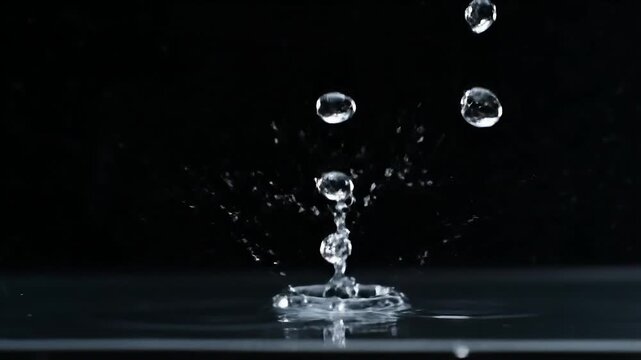 Capturing the dynamic beauty of water as droplets splash and scatter creating intricate patterns against a dark backdrop, a moment frozen in time
