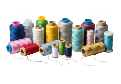 Colorful spools of thread assortment for sewing and crafting projects isolated on transparent background