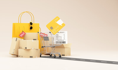 Obraz premium Shopping bags sale tag and shopping cart next to shipping boxes show the digital shopping world where buyers choose items on screen and receive them fast at home. 3d rendering.
