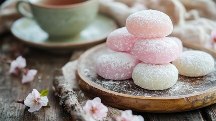 Traditional Japanese mochi rice cakes in assorted pastel colors, dusted with starch powder, neatly arranged on a wooden tray with cherry blossoms and a cup of green tea in the background.