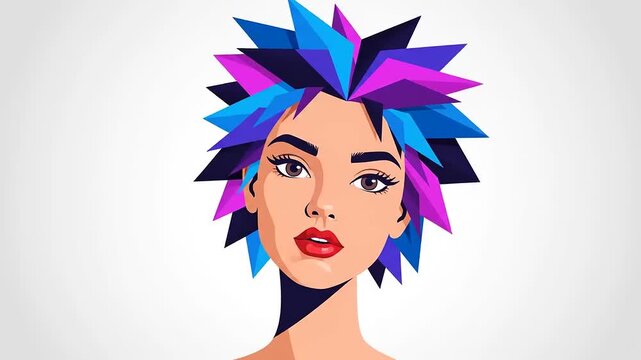 Stylized vector portrait of a beautiful woman with vibrant, geometric spiky hair in blue and purple.