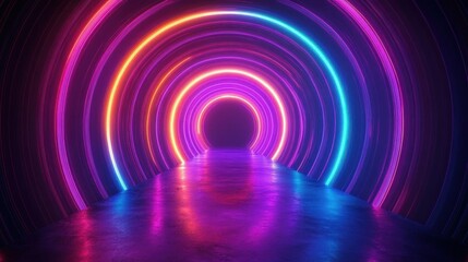 A futuristic tunnel illuminated by concentric neon rings in vibrant pink, purple, orange, and blue colors reflecting on the glossy floor, evoking a sense of mystery and depth