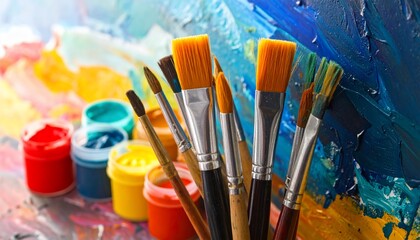 Artistic tools palette and brushes with vivid colors in close-up creative composition