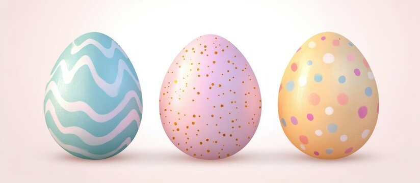Three colorful decorated Easter eggs with wavy, dotted, and polka dot patterns on a soft pink background, evoking a festive and cheerful mood