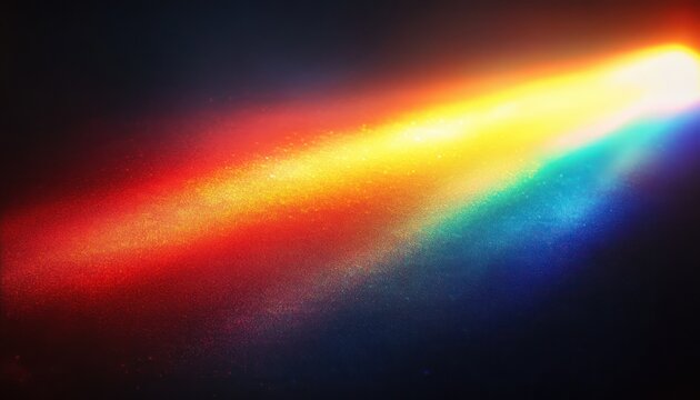Bright multicolored light beam casting vibrant particles in a dark space creating a glowing rainbow effect