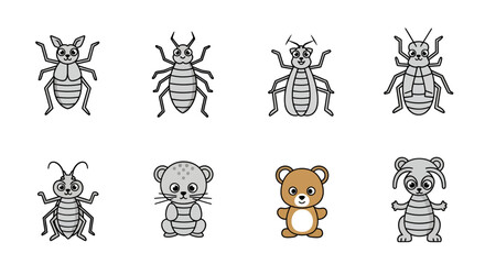 Fototapeta premium Adorable assortment of cartoon insects and cute animal characters for children's designs
