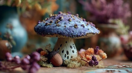 A whimsical mushroom with acorn and moss in a colorful and dreamy forest still life scene setting
