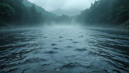 Atmospheric River Scene with Rising Mist and Dense Forest in a Moody Valley Landscape