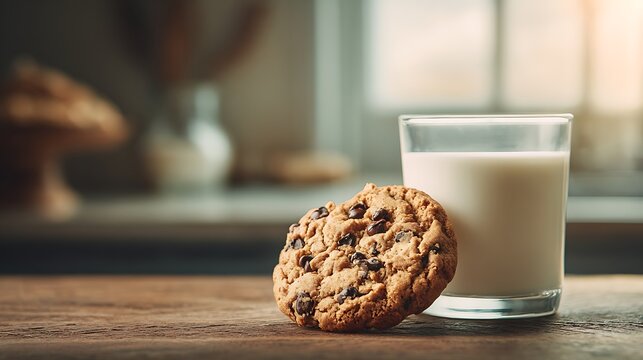 A chocolate chip cookie and glass of milk on a wooden surface in a softly lit kitchen scene view