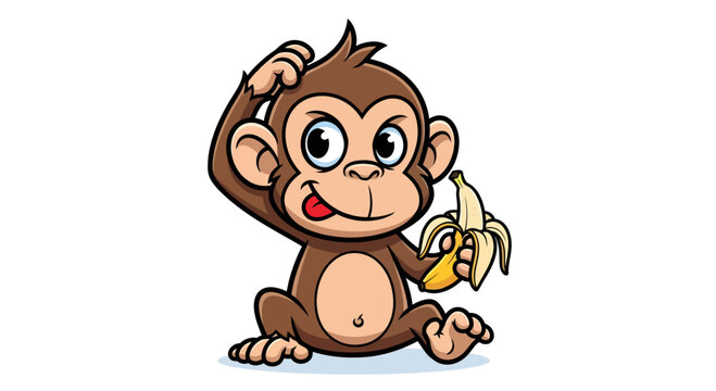 Adorable cartoon monkey with curious expression holding and peeling a banana ready to eat