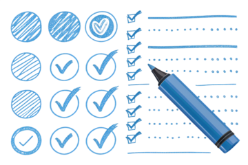 Task Execution and Checklist Illustration: An image of meticulous planning and task completion, a collection of circular icons and checklist elements. A marker pen is angled towards the checklists.