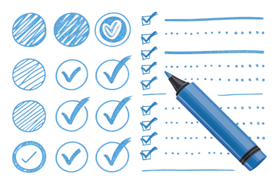 Task Execution and Checklist Illustration: An image of meticulous planning and task completion, a collection of circular icons and checklist elements. A marker pen is angled towards the checklists.