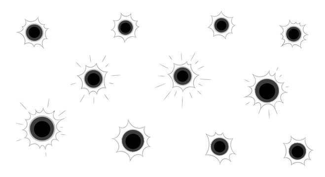 Bullet impact collection showcasing various simulated penetration marks on solid surface