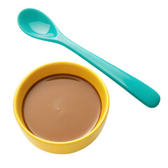 Baby food in a yellow bowl with a blue spoon isolated on transparent background