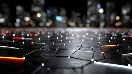Dynamic abstract digital network glowing with vibrant lights against a blurred city skyline at night, representing futuristic connectivity and innovation