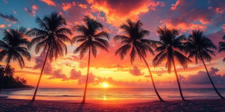 vibrant tropical beach sunset with silhouettes of tall palm trees against colorful cloudy sky and calm ocean horizon