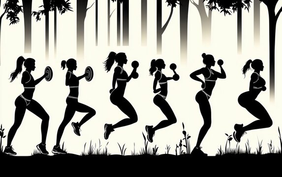 silhouettes of a woman performing a sequence of aerobic exercises with dumbbells in a forest setting, showing movement and fitness