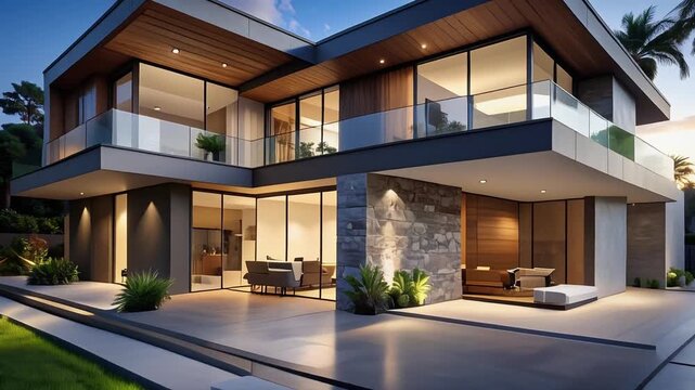 自然素材とガラスを融合させたヤシの木シンボルの戸建住宅