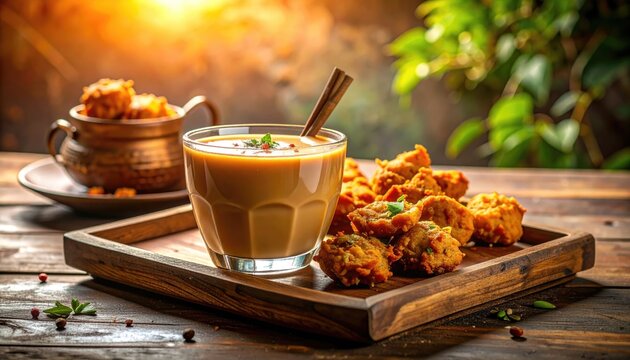 Golden Brown Caramelized Saba Banana Balls Skewered and Served with a Creamy Sauce on a Wooden Tray in Warm Golden Hour Light with Lush Greenery in the Background