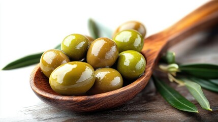 Close-up of glossy green olives in a wooden spoon with olive leaves on a wooden surface evoking freshness and natural quality