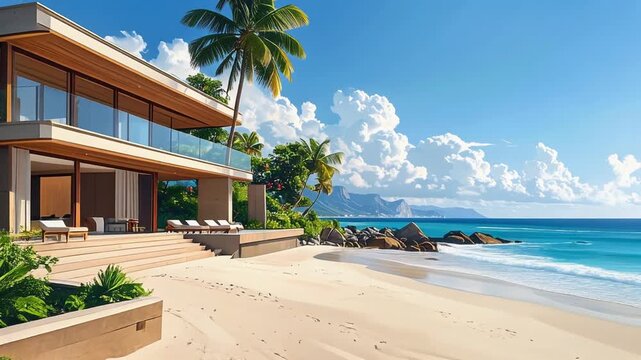 青い海と空を望むインフィニティプール付き海岸ビーチ戸建住宅