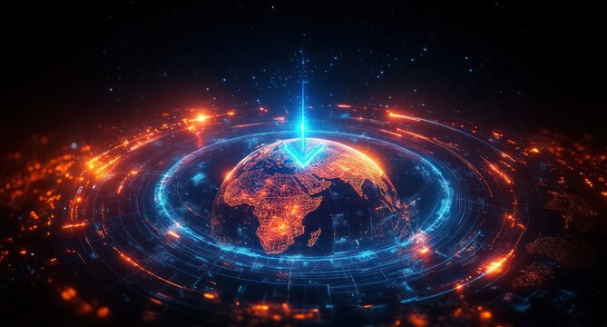 Futuristic digital globe with glowing network lines and bright data streams highlighting continents in vibrant blue and orange hues, creating a sense of advanced technology and connectivity
