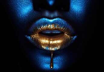 Close-up of lips with metallic gold paint dripping, contrasting against skin illuminated in blue light, creating a dramatic and artistic effect