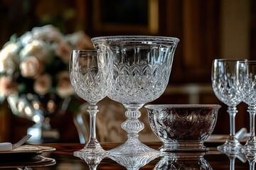 Elegant crystal glassware set on a polished wooden dining table with blurred floral centerpiece and warm ambient lighting creating a luxurious atmosphere