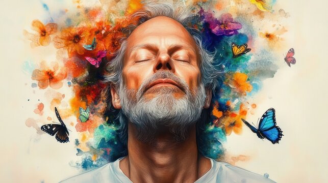 Peaceful elderly man with closed eyes surrounded by colorful butterflies and vibrant abstract flowers, evoking serenity and connection with nature - Powered by Adobe