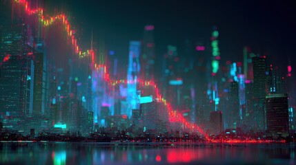Fototapeta premium Price downturn, holographic business losses, futuristic financial collapse, neon visualization. 