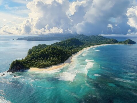 Aerial view of a lush green island surrounded by turquoise ocean waves under a dramatic sky filled with large white clouds