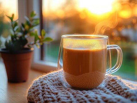 Steaming cup of hot coffee in a double-walled glass mug on a knitted cloth near a window with a potted plant and warm sunset light outside