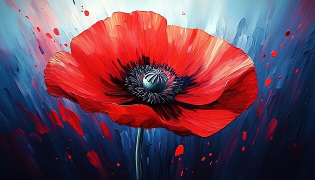Close-up of a vibrant red poppy flower with detailed petals and textured black and white center against a dynamic blue and red painted background, evoking energy and boldness