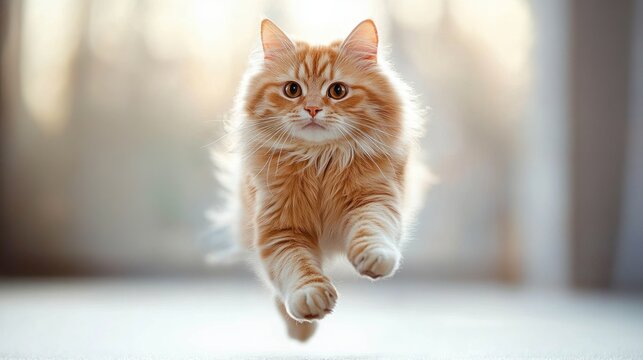 ginger cat with fluffy fur jumping or running indoors with blurred background, focused intense expression