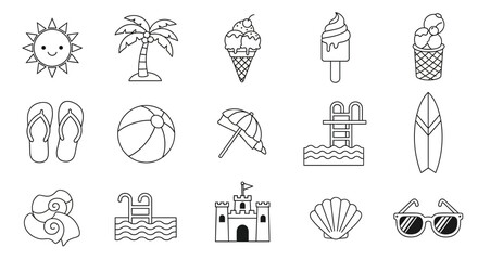 Line art summer icons collection featuring beach, vacation, and summertime themed elements