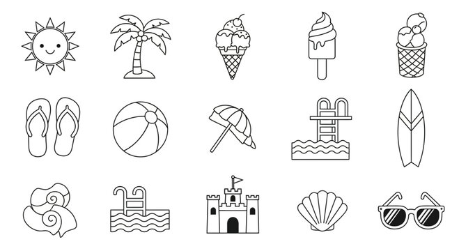 Line art summer icons collection featuring beach, vacation, and summertime themed elements