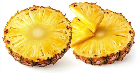 close-up of fresh ripe pineapple slices with bright yellow flesh and textured skin, isolated on white background, showing juicy and sweet tropical fruit