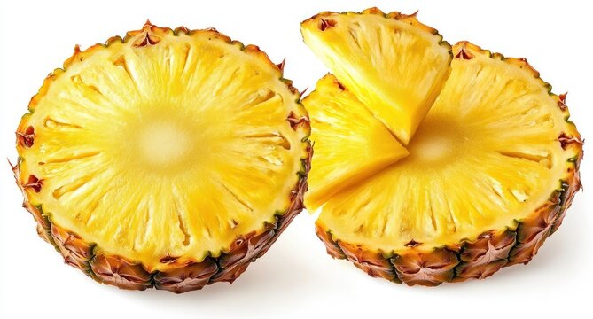 close-up of fresh ripe pineapple slices with bright yellow flesh and textured skin, isolated on white background, showing juicy and sweet tropical fruit - Powered by Adobe