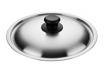 Polished stainless steel pot lid with black handle close up isolated on transparent background