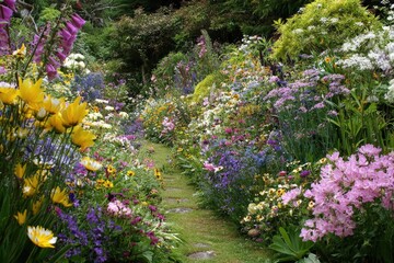Fototapeta premium Lush garden landscape showcasing a vibrant display of colorful wildflowers along a winding stone pathway
