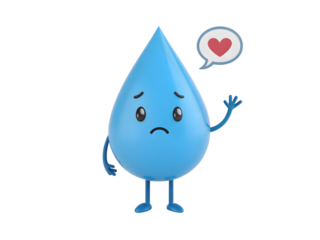 Sad water drop character with heart isolated on transparent background