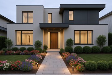 Fototapeta premium Modern Home Exterior with Professional Landscaping at Dusk for Real Estate and Architectural Designs