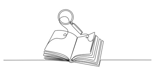 Open book with magnifying glass in continuous line art drawing style. Research and knowledge symbol. Black linear design isolated on white background.