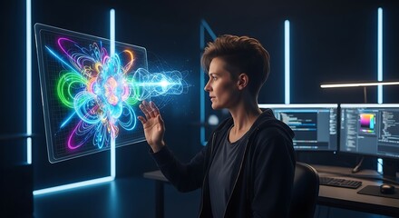 A woman interacting with a holographic display, exploring complex data visualizations.