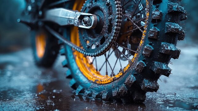 Close-up of rugged off-road motorcycle tire with deep treads and chain on wet surface, showcasing dirt and wear, suggesting adventurous outdoor activity