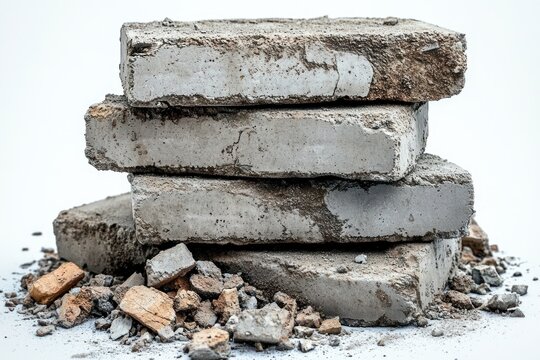 A close-up of four stacked old concrete bricks covered with dirt and dust on a white background with broken pieces and rubble scattered around