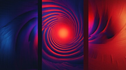 Three-panel abstract digital artwork featuring spiraling and curved shapes in vibrant red, purple, and blue hues creating a dynamic and hypnotic visual effect