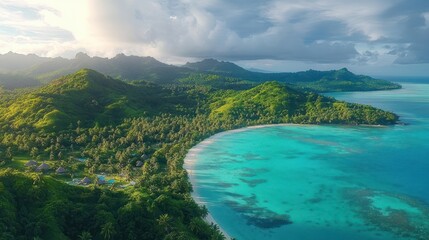 Aerial view of a lush green tropical island with dense forest, rolling hills, and a clear turquoise bay with sandy beach under partly cloudy sky