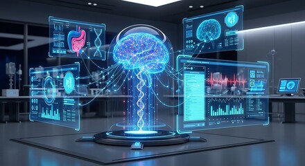 Futuristic depiction of a brain connected to digital displays, showcasing medical data and analysis.