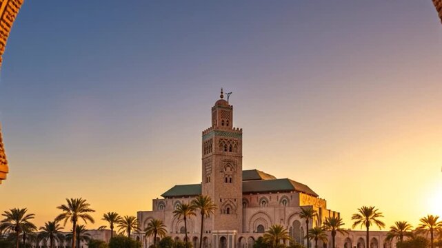 Hassan ii mosque in casablanca, morocco, viewed through an ornate archway at sunset
